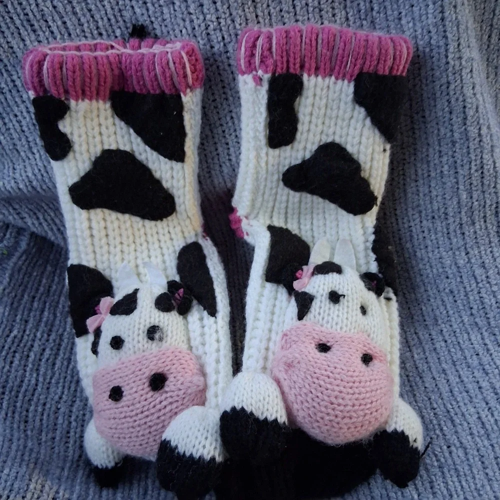 NWOT Kids Girls Knit Cow Slipper Socks 3D White Black Pink Non-Slip Grips